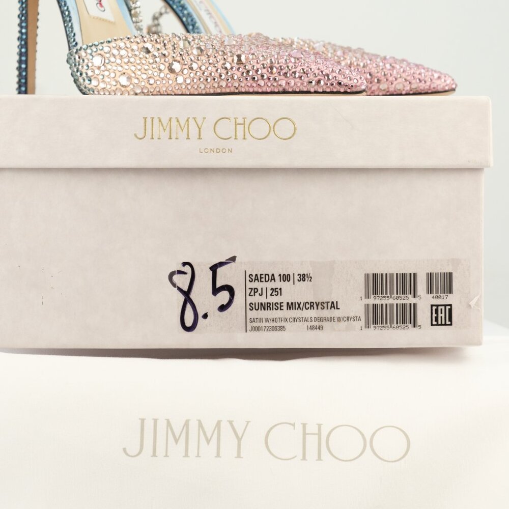 Jimmy Choo Saeda 100 Crystal-Embellished Satin Pumps, Sunrise Mix, EU 38.5/US8.5 - Picture 14 of 15